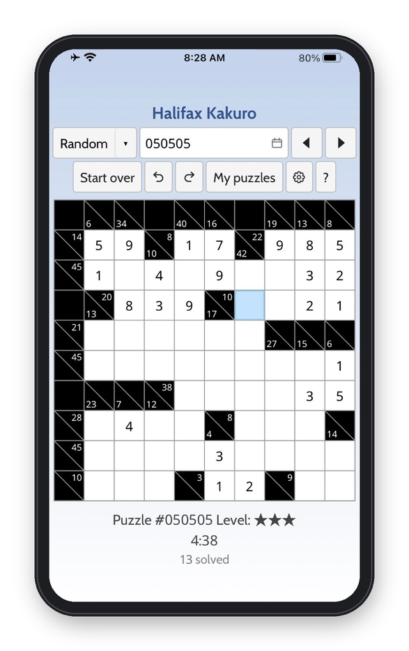 The Halifax Kakuro app on a phone, with a puzzle partly solved