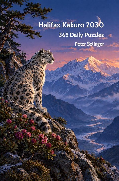 Cover of Halifax Kakuro 2030, showing a snow leopard above the valley