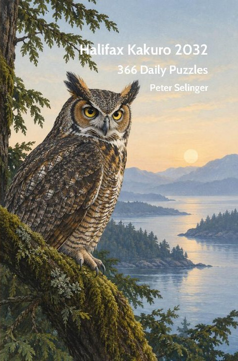 Cover of Halifax Kakuro 2032, showing a great horned owl at dusk