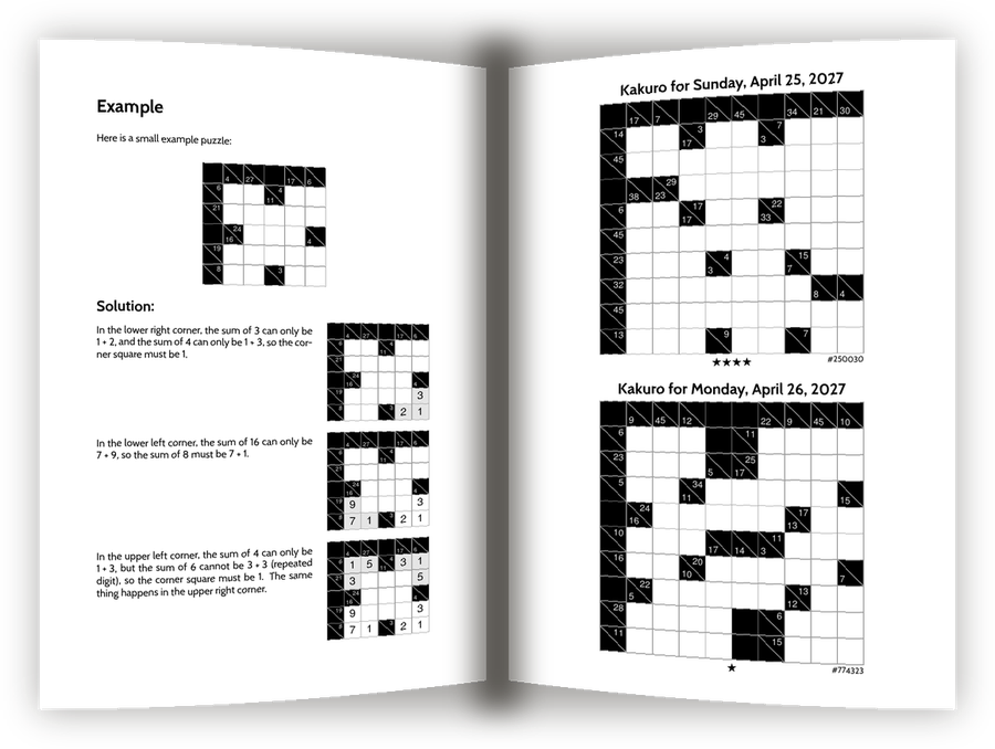 An open copy of a Halifax Kakuro book, showing the worked example
                  on the left page and two daily puzzles on the right