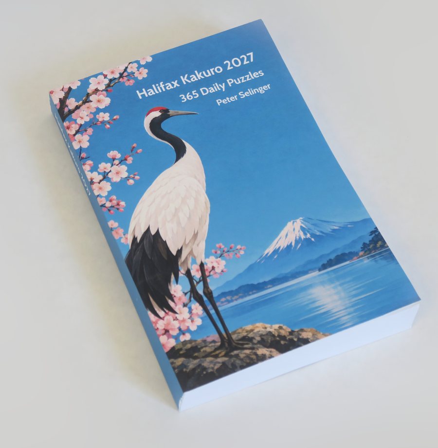 A copy of Halifax Kakuro 2027, a thick paperback with a
                crane and cherry blossom on the cover